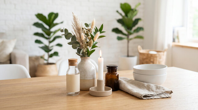 Minimal neutral home decor still life with vase dried flowers candle and ceramic bowls for interior styling scene and lifestyle background for blog and shop