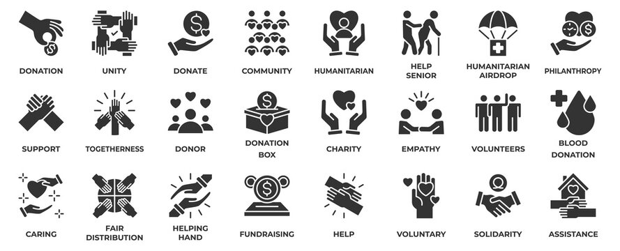 Charity and Donation icon set collection in solid black style, an icon pack contain charity, donation, unity, donate, community, humanitarian, support, empathy, donor and more. Vector Illustration.
