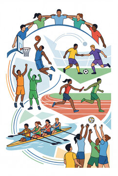 Team sports action collage poster with basketball soccer running rowing and volleyball scenes for event poster and athletic banner design
