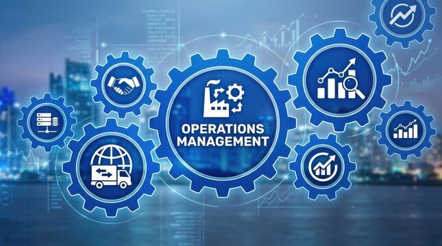 Digital interface showing operations management concept with glowing blue gear icons and business process symbols over a blurred city background
