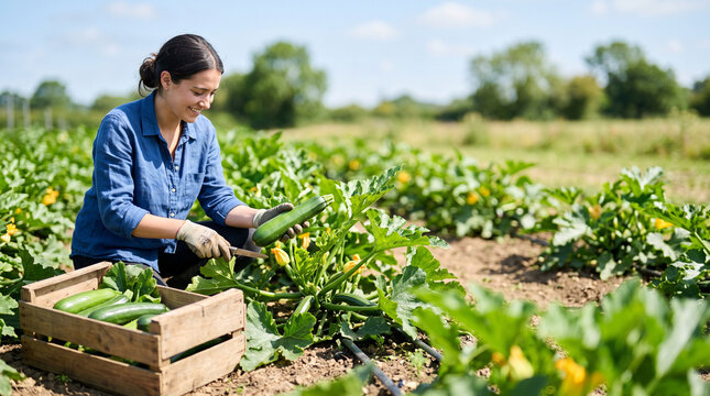 Woman harvesting fresh zucchinis in a sunny vegetable garden for farm to table banner and agricultural background with crate and field