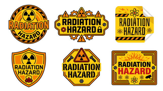 Radiation hazard signs collection featuring multiple warning icons informing about radioactivity, nuclear energy risks, and caution areas in various cartoon and emblem styles