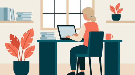 Fototapeta premium Woman working on laptop at desk in modern home office setup illustration