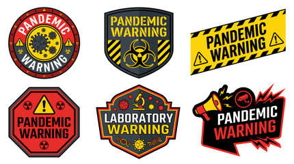 Obraz premium Set of diverse warning signs and badges highlighting critical health alerts. Virus outbreaks. Laboratory dangers. And biological hazards