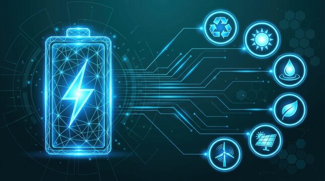 Digital illustration of a glowing battery icon connected to various green energy source symbols representing sustainable power and renewable technology