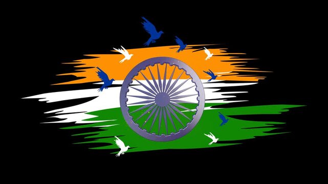 Indian Independence Day brush stroke color theme with animated 3D Ashok Chakra in Alpha Channel or Transparent Video
