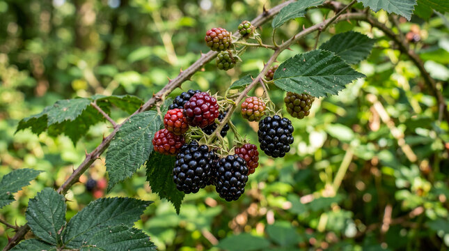 Primer plano de moras maduras y en maduraci&oacute;n sobre una zarza silvestre. Escena natural con fondo desenfocado, ideal para temas de flora, alimentaci&oacute;n y naturaleza.