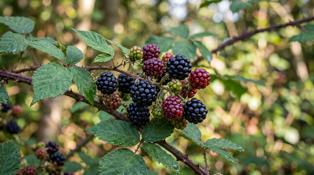Primer plano de moras maduras y en maduraci&oacute;n sobre una zarza silvestre. Escena natural con fondo desenfocado, ideal para temas de flora, alimentaci&oacute;n y naturaleza.
