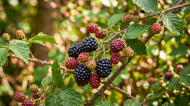 Primer plano de moras maduras y en maduraci&oacute;n sobre una zarza silvestre. Escena natural con fondo desenfocado, ideal para temas de flora, alimentaci&oacute;n y naturaleza.