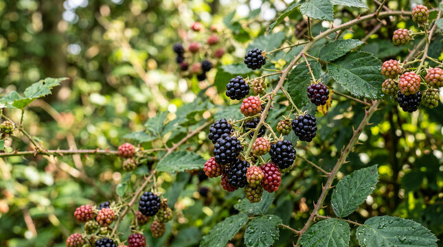 Primer plano de moras maduras y en maduraci&oacute;n sobre una zarza silvestre. Escena natural con fondo desenfocado, ideal para temas de flora, alimentaci&oacute;n y naturaleza.