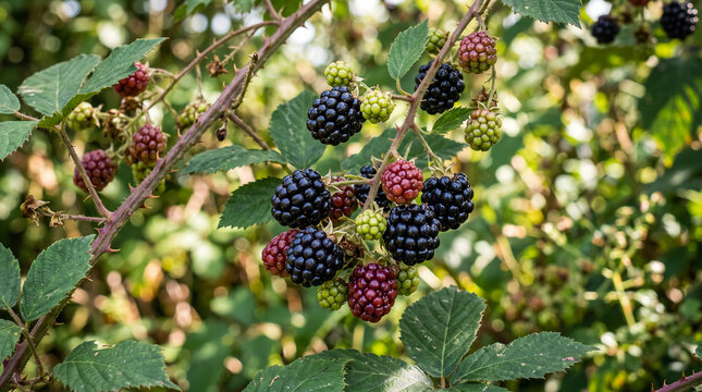 Primer plano de moras maduras y en maduraci&oacute;n sobre una zarza silvestre. Escena natural con fondo desenfocado, ideal para temas de flora, alimentaci&oacute;n y naturaleza.