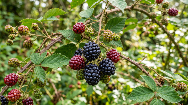 Primer plano de moras maduras y en maduraci&oacute;n sobre una zarza silvestre. Escena natural con fondo desenfocado, ideal para temas de flora, alimentaci&oacute;n y naturaleza.