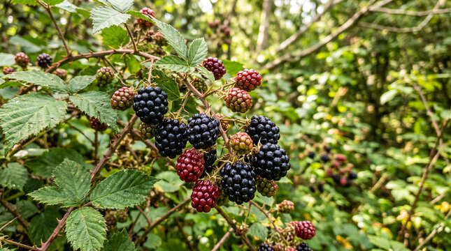 Primer plano de moras maduras y en maduraci&oacute;n sobre una zarza silvestre. Escena natural con fondo desenfocado, ideal para temas de flora, alimentaci&oacute;n y naturaleza.