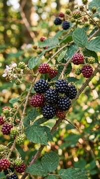 Primer plano de moras maduras y en maduraci&oacute;n sobre una zarza silvestre. Escena natural con fondo desenfocado, ideal para temas de flora, alimentaci&oacute;n y naturaleza.