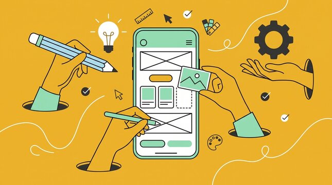 Flat Vector Multiple Hands Designing Smartphone UI UX Layout for Mobile App Prototyping Presentation, Web Development Banner, and Creative Agency Landing Page