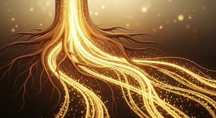 Obraz premium Glowing tree roots with sparkling lights in abstract background