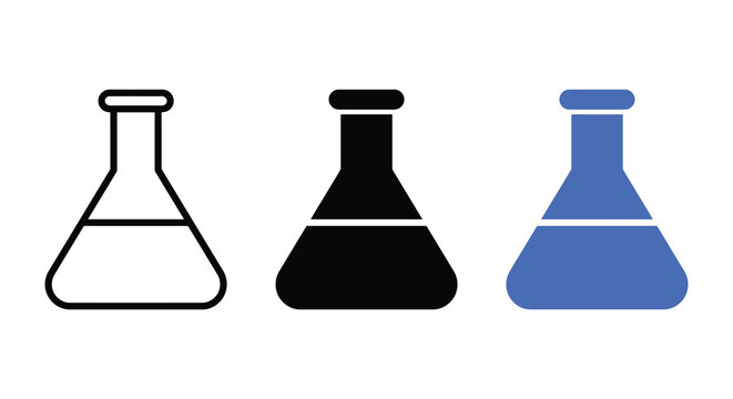 Three conical flasks in varying styles including a black silhouette flask erlenmeyer