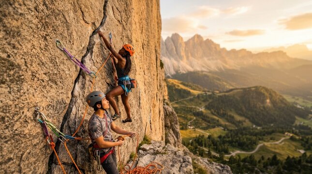 Two climbers ascend a sheer rock face with a stunning mountain vista at sunset