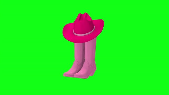 Pink cowboy boots with a matching western hat swing and rotate from side to side in a seamless loop on a chromakey background. Playful cowgirl fashion and Wild West concept. 3D animation