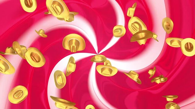 Golden cowboy hats rain down over a rotating red and white spiral background, creating a bold hypnotic western party scene with dynamic motion and playful retro carnival style. 3D animation