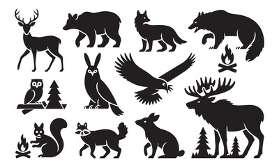 Obraz premium Collection of black silhouettes of wild forest animals including a deer, bear, fox, wolf, owl, squirrel, raccoon, rabbit, and moose, along with campfire and pine tree