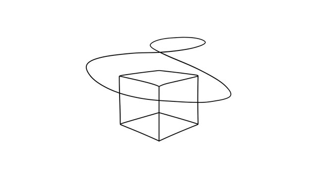 3D wireframe cube with swirling line white background.