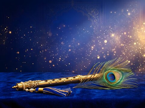 Golden flute and peacock feather against a dark blue ornate background with bokeh
