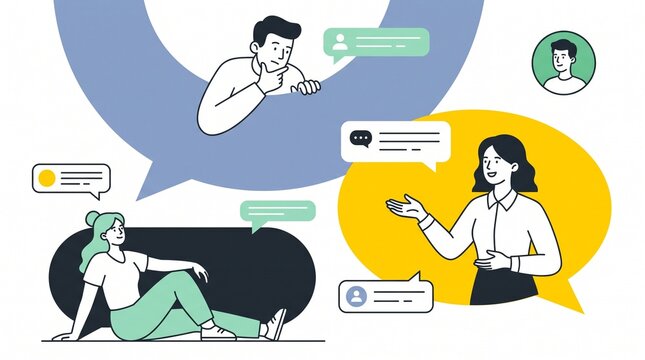 Flat Vector People Interacting Around Large Speech Bubbles with Status Icons for Team Collaboration Banner, Customer Support Portal, and Communication App Presentation