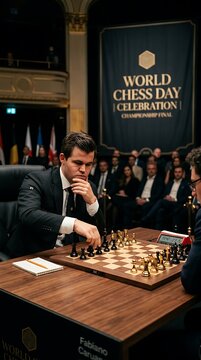 Magnus Carlsen playing chess at World Chess Day celebration event.