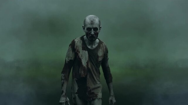 Terrifying Zombie Man with Bloody Clothes Shambling through Dense Fog, Cinematic Full HD Horror Footage for Halloween and Film