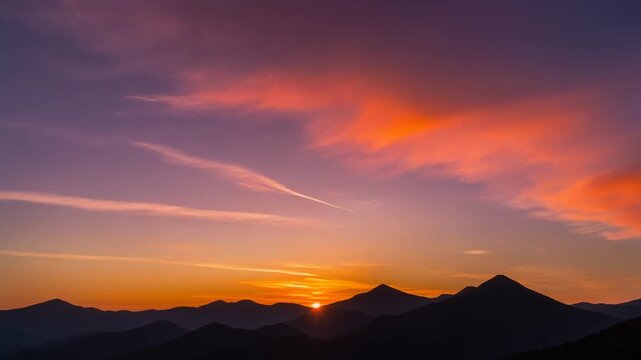 Vivid Orange and Purple Sunset over Layered Mountain Silhouettes with Drifting Clouds, Cinematic Nature Landscape Background