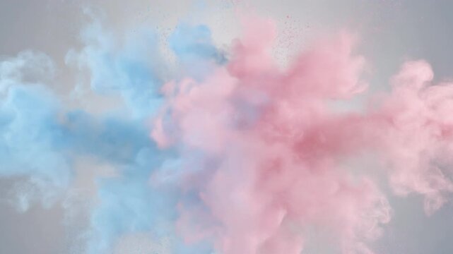 Symmetrical Explosion of Pink and Blue Powder Clouds for Gender Reveal, Soft Pastel Smoke Motion Background
