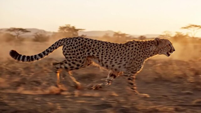 A powerful cheetah sprints across the African savanna at golden hour.