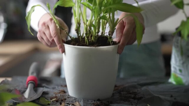 Woman repotting and pruning houseplant in pot at home.