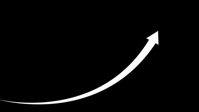 white arrow rising transparent channel. Abstract arrow growth chart of economy icon red color animated down to up arrow animation on black background.