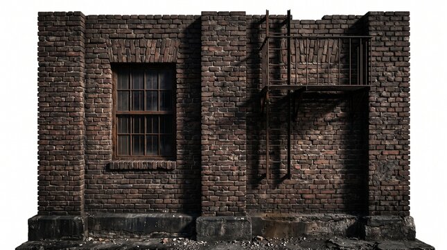 Industrial brick wall with iron window and metal fire escape ladder architecture isolated on plain white background.