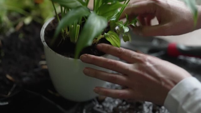 Woman repotting and pruning houseplant in pot at home.