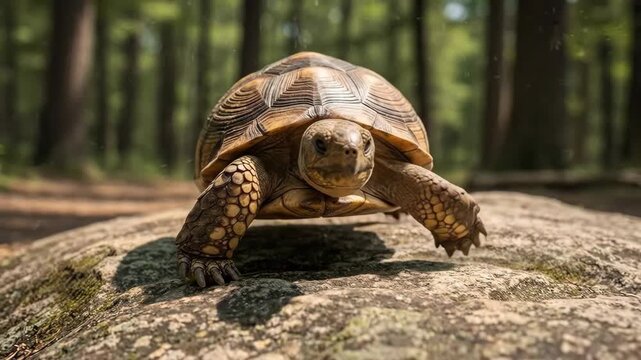 A curious tortoise stands on a sunlit rock in a lush green forest.