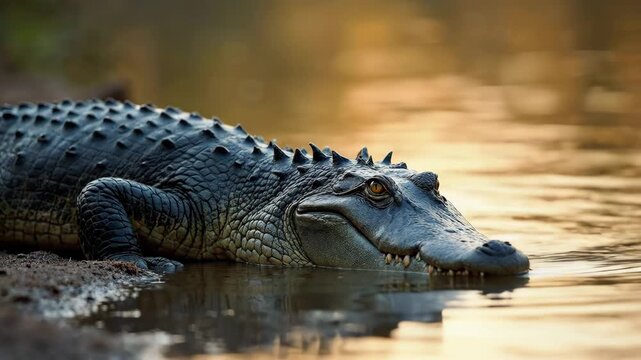 Close-up of an alligator partially submerged in water at a golden lit river.