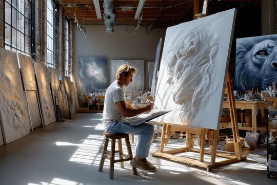 Artist creating a detailed sculpture in a well-lit studio with large canvases around