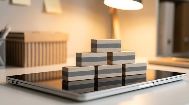 Wooden blocks stacked in pyramid on laptop tablet