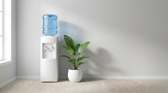 White water dispenser with blue bottle and green plant
