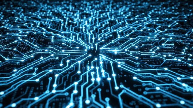 Blue glowing circuit board with intricate patterns and connections, showcasing a technological design in a dark background, emphasizing digital innovation and connectivity