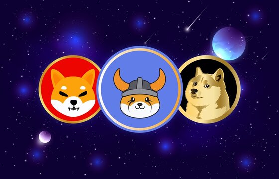an image of the shiba inu, dogecoin and floki inu coin virtual currency on a digital background. 3d illustrations.