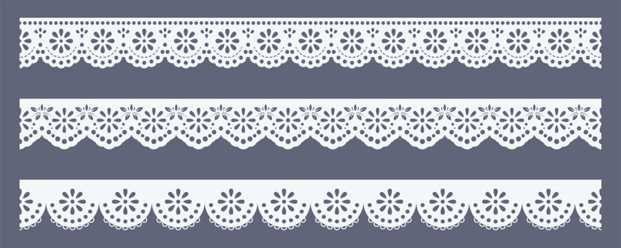Set of three elegant white lace border trim designs isolated on a dark grey background for craft