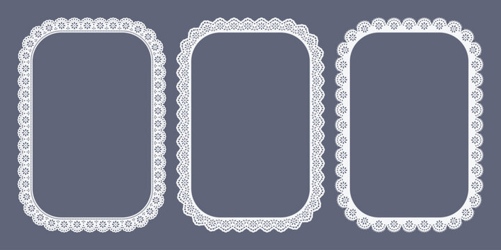 Three elegant white lace border frames isolated on a soft grey background for wedding invitation design elements