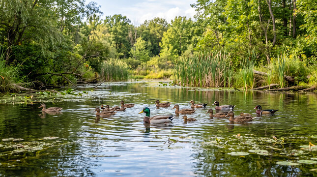Grupo de patos nadando en un estanque de agua dulce. Escena natural de aves acu&aacute;ticas en un entorno tranquilo, ideal para temas de fauna, naturaleza y biodiversidad.