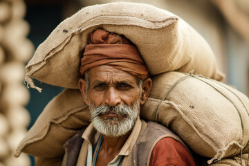 Fototapeta premium Senior porter with a white beard carrying heavy burlap sacks on his back and shoulders