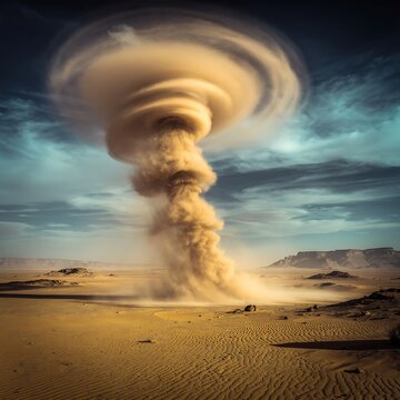 Massive swirling sandstorm towering over a vast desert landscape at dusk.
