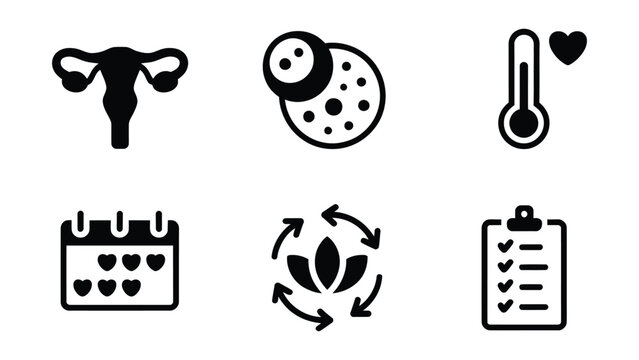 Set of reproductive health and menstrual cycle icons for medical apps with tracking temperature monitoring